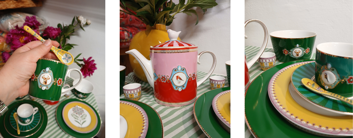 Třídílná produktová fotografie detailů letního prostírání v Pipa Ateliéru. Zelený hrnek a miska s jelenem z limitované edice Love Birds Medallion Deer, barevná čajová konvice a šálky Pip Studio na ubrusu se zeleným proužkem.